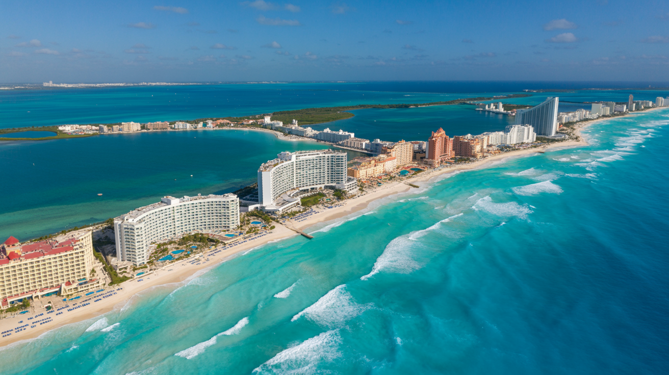 Atardecer sobre la Laguna Nichupté con la silueta de Cancún al fondo