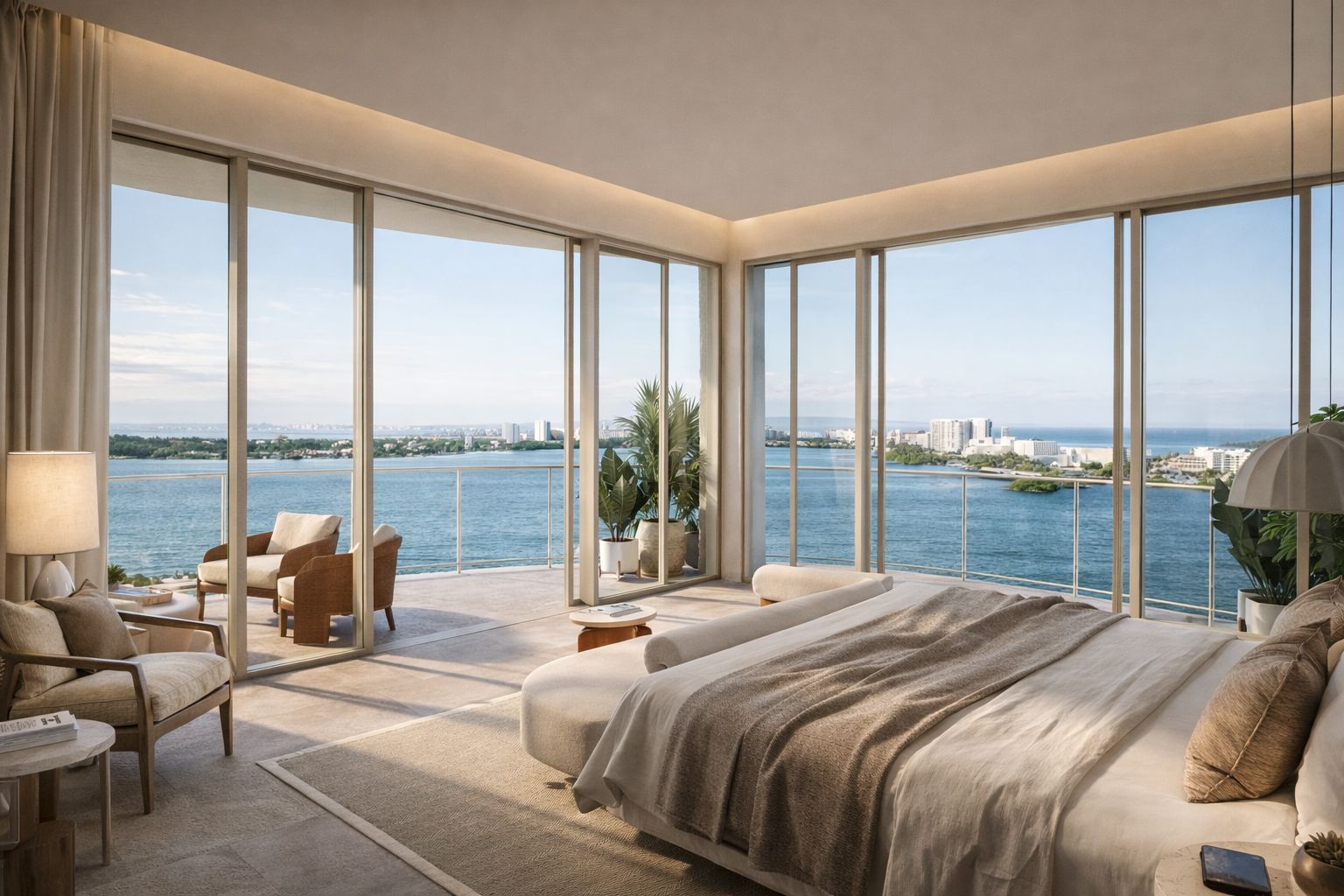 Luxury master bedroom with floor-to-ceiling panoramic lagoon views