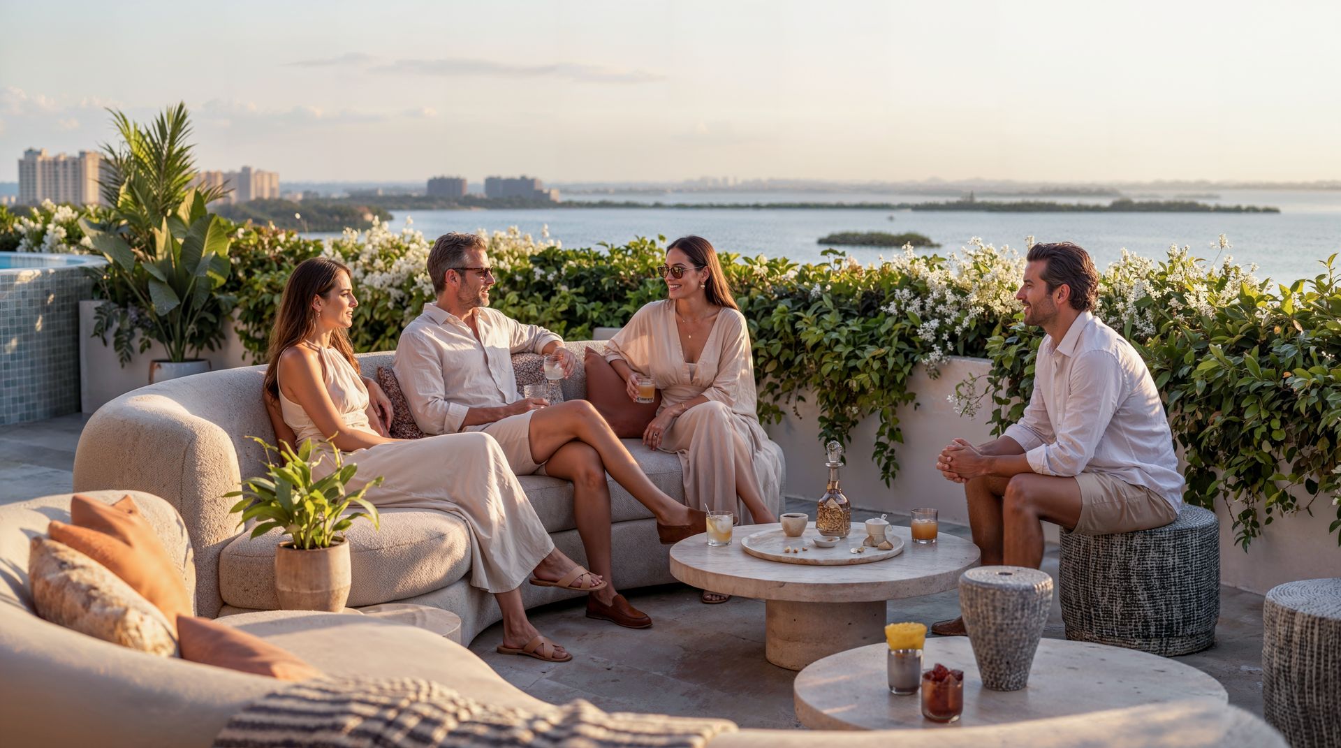 Amigos disfrutando la terraza con vista a la laguna