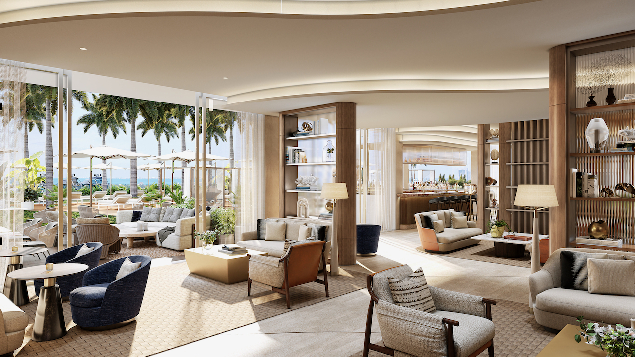 Residents lounge with cocktail bar and panoramic palm-framed views