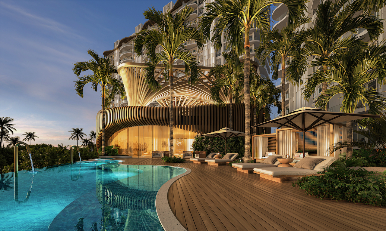 Pool deck with cabanas and organic architecture at twilight