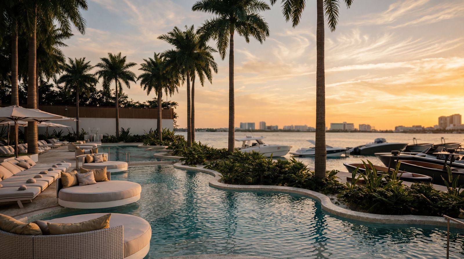 Infinity pool with marina and Caribbean sunset at golden hour