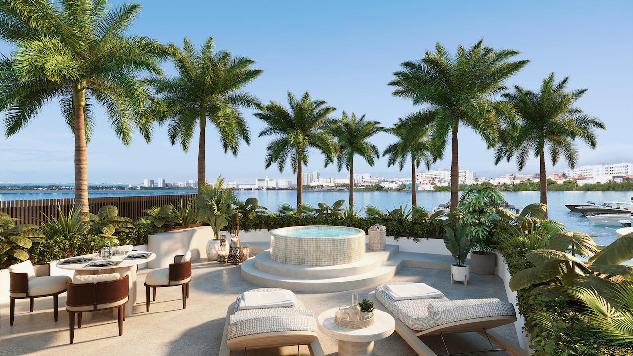 Spa terrace with jacuzzi overlooking the lagoon and palm canopy