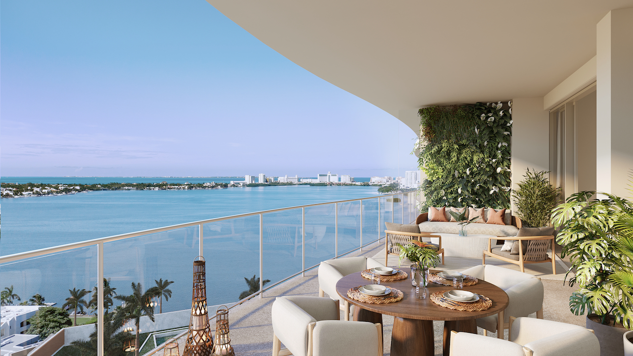 Private terrace with lagoon-view al fresco dining and living wall