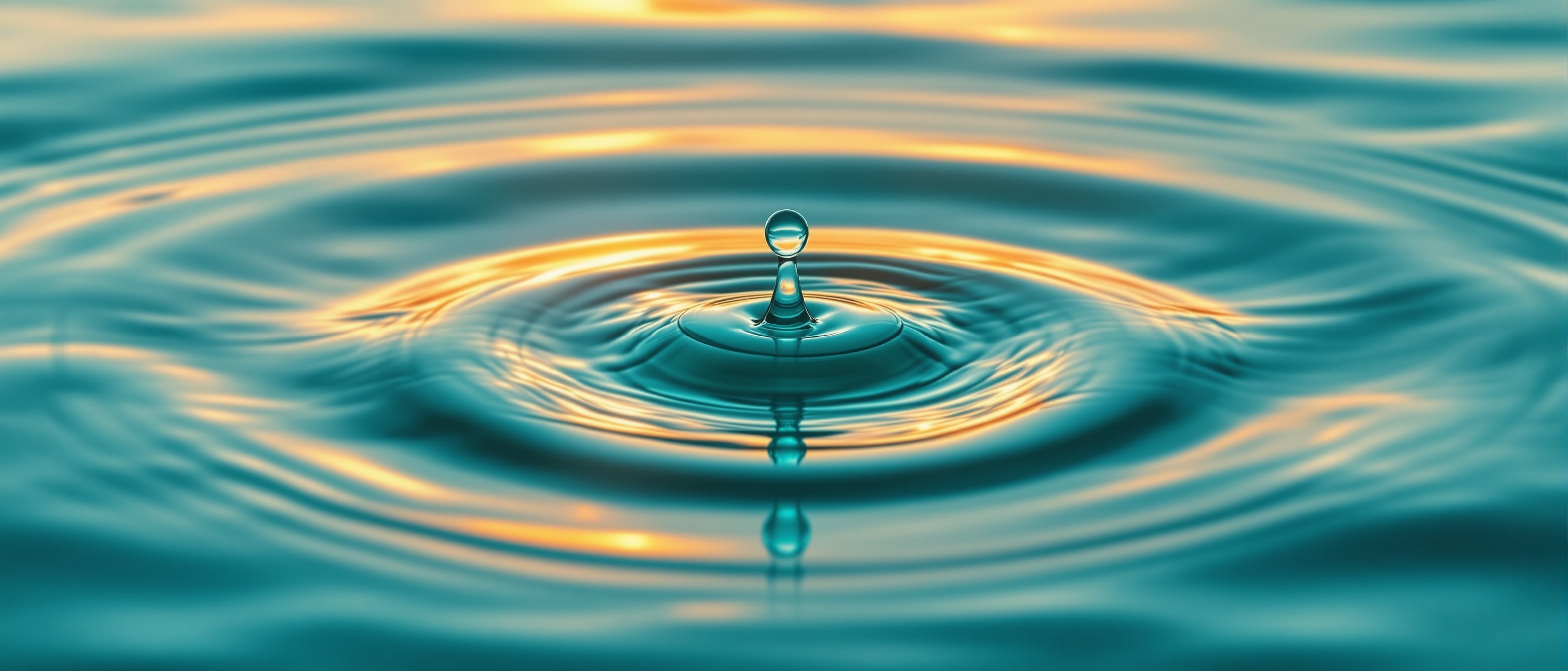 Onda concéntrica expandiéndose en agua turquesa con reflejo dorado